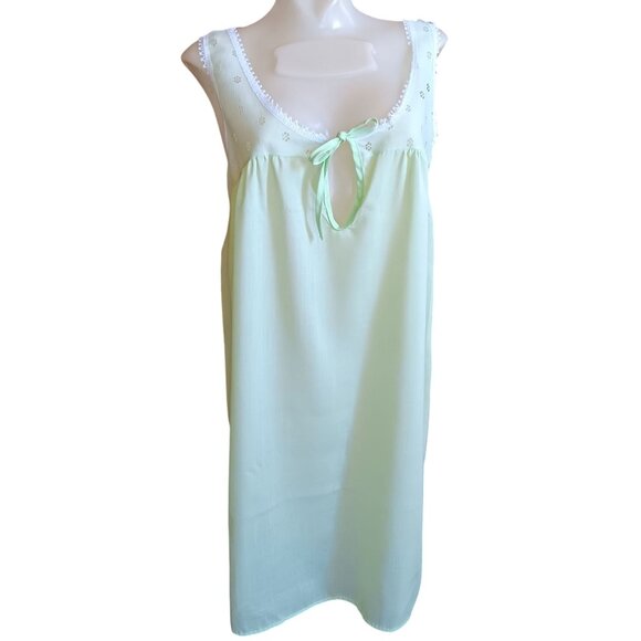 Medium Vintage 60's Lime Green Sleeveless Nightgown Lace Trim Bow Dacron Mod - Picture 1 of 6